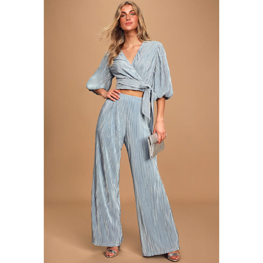 Lulus Whole Lotta Sass Dusty Blue Pleated Wide-leg Pants - Size S